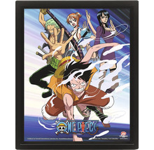 3D lentikulárny plagát One Piece s postavami Luffy, Zoro, Nami a Robin v čiernom ráme s logom One Piece.