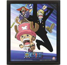 Trojrozmerný plagát One Piece s postavami Usopp, Sanji a Chopper v čiernom ráme.