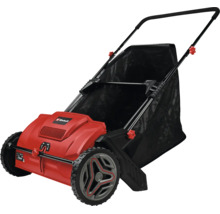Elektrický vertikutátor Einhell v červenej a čiernej farbe so zberným košom a kolieskami.