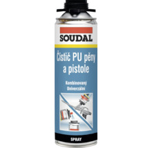 Soudal Čistič PU peny a pištole, kombinovaný univerzálny sprej v plechovke so skrutkovacím adaptérom.