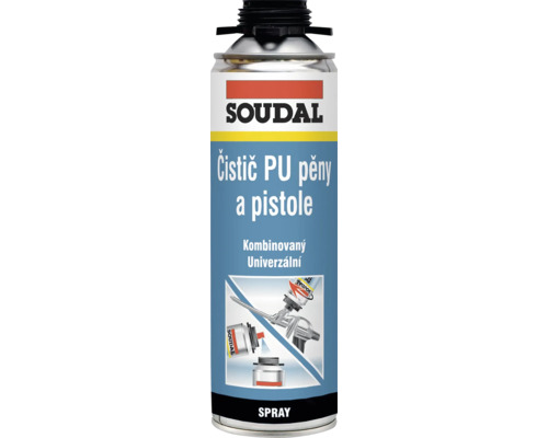 Soudal Čistič PU peny a pištole, kombinovaný univerzálny sprej v plechovke so skrutkovacím adaptérom.
