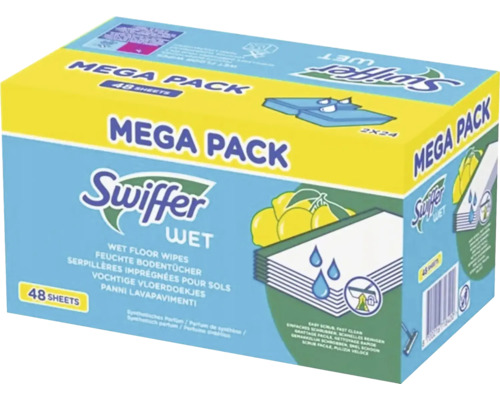 Swiffer Wet Mega Pack so 48 vlhčenými utierkami na podlahu.