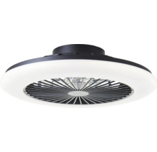 Moderný stropný ventilátor s integrovaným LED svetelným kruhom a tmavým krytom.