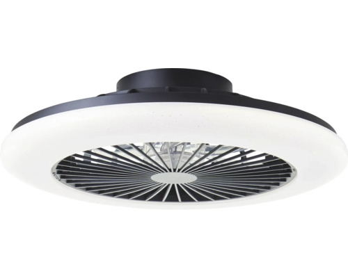 Moderný stropný ventilátor s integrovaným LED svetelným kruhom a tmavým krytom.