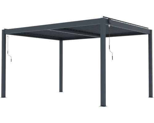 Voľne stojaca hliníková pergola v antracitovej farbe s nastaviteľnou lamelovou strechou a kľukou.