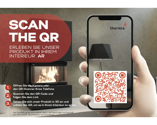 Ruka držiaca smartfón s QR kódom na zobrazenie krbovej pece Thermia v rozšírenej realite vo vlastnom interiéri.