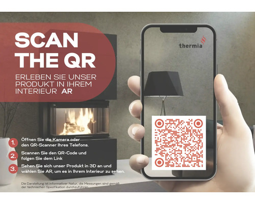 Smartphone s QR kódom pre vizualizáciu krbu Thermia v rozšírenej realite v interiéri. Thermia Logo.