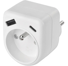 Biely zásuvkový adaptér so zásuvkou s ochranným kontaktom, jedným USB-A portom a jedným USB-C portom.