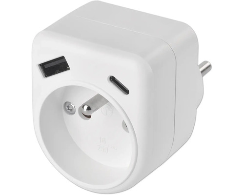 Biely zásuvkový adaptér so zásuvkou s ochranným kontaktom, jedným USB-A portom a jedným USB-C portom.