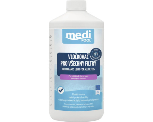 medi POOL Tekutý vločkovač pre všetky typy bazénových filtrov, 1 liter, zaisťuje krištáľovo čistú vodu a odstraňuje nečistoty.