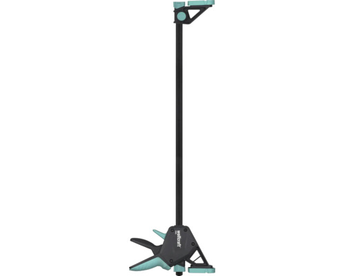 Jednoručná zvierka Wolfcraft PRO v čierno-tyrkysovej farbe s ergonomickou rukoväťou a oceľovou lištou na fixáciu obrobkov.