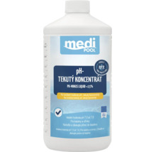 Medi Pool Logo, pH mínus tekutý koncentrát 1000 mililitrov vo fľaši so stupnicou pre bazény na zníženie hodnoty pH, Vyrobené v Európskej únii.