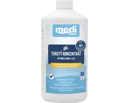 Medi Pool Logo, pH mínus tekutý koncentrát 1000 mililitrov vo fľaši so stupnicou pre bazény na zníženie hodnoty pH, Vyrobené v Európskej únii.
