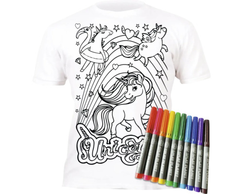 Biele tričko na vyfarbenie s motívom jednorožca, dúhy a hviezd a desať farebných fixiek na textil so Splat Planet Logo.