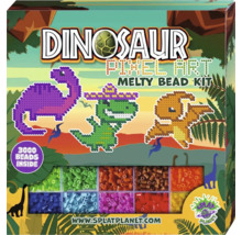 Sada zažehľovacích korálok Dinosaur Pixel Art od Splat Planet s 3000 farebnými korálkami a motívmi dinosaurov. Splat Planet Logo.