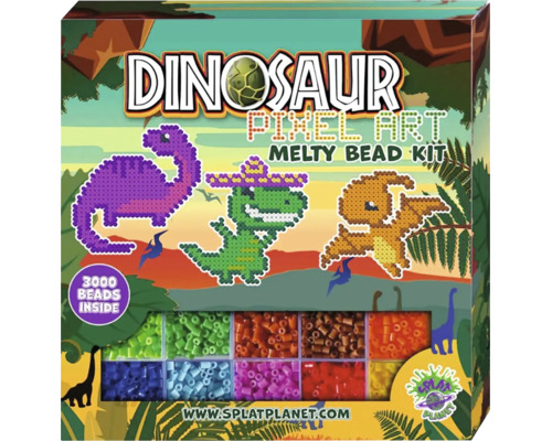Sada zažehľovacích korálok Dinosaur Pixel Art od Splat Planet s 3000 farebnými korálkami a motívmi dinosaurov. Splat Planet Logo.