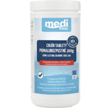 medi POOL Logo, chlórové tablety pomalyrozpustné 200 gramov pre dlhodobú dezinfekciu veľkých bazénov, Vyrobené v Európskej únii.