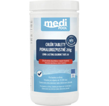 medi POOL Logo, pomalurozpustné chlórové tablety 20 gramov na dezinfekciu malých bazénov a víriviek do 10000 litrov, vyrobené v Európskej únii.