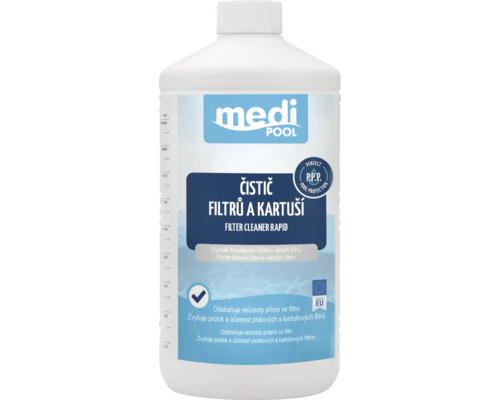 Čistič filtrov a kartuší medi POOL Filter Cleaner Rapid pre bazénové filtrácie vo fľaši s objemom jeden liter.