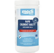 Medipool Rapid chlórové tablety 20 gramov na rýchle zvýšenie obsahu chlóru v bazénoch a vírivkách. Medipool Logo.