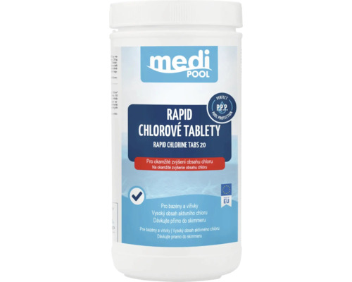 Medipool Rapid chlórové tablety 20 gramov na rýchle zvýšenie obsahu chlóru v bazénoch a vírivkách. Medipool Logo.