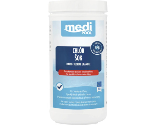 medipool Logo, Chlór šok granulát pre bazény, okamžité zvýšenie chlóru, ochrana bazéna, Vyrobené v Európskej únii.
