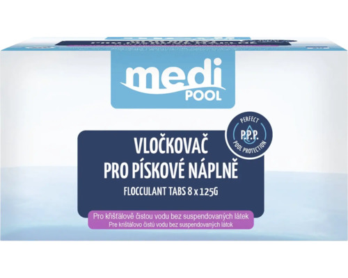 Medi Pool Logo. Vločkovač pre pieskové náplne, 8 krát 125 gramov, tablety pre optimálnu ochranu bazéna a úpravu vody.