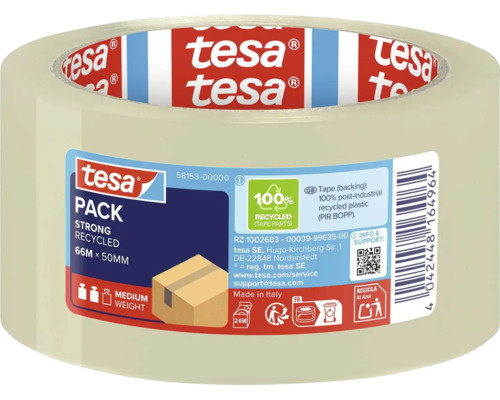 tesa Baliaca páska Strong Recycled, 66 metrov krát 50 milimetrov, zo 100 percent recyklovaného plastu, pre stredne ťažké balíky.