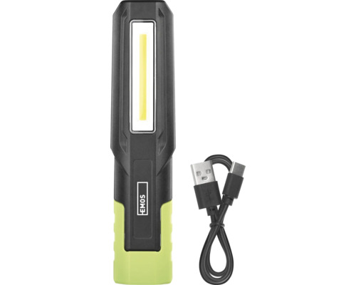 Čierno-zelené pracovné LED svietidlo EMOS s nabíjacím káblom USB, EMOS Logo.