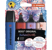 Súprava 4 zvýrazňovačov Stabilo Boss Original NatureCOLORS, edícia Wildflower, s technológiou proti vysychaniu po dobu 4 hodín. Stabilo Logo.
