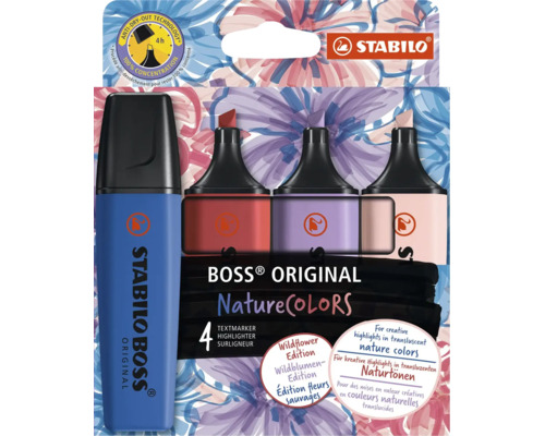 Súprava 4 zvýrazňovačov Stabilo Boss Original NatureCOLORS, edícia Wildflower, s technológiou proti vysychaniu po dobu 4 hodín. Stabilo Logo.