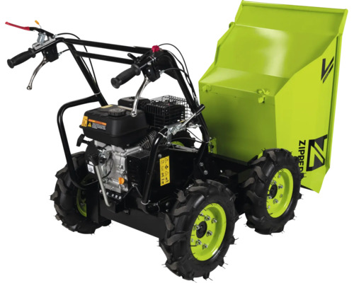 Benzínový minidumper Zipper s pohonom všetkých kolies a mechanickou funkciou sklápania na prepravu materiálu.