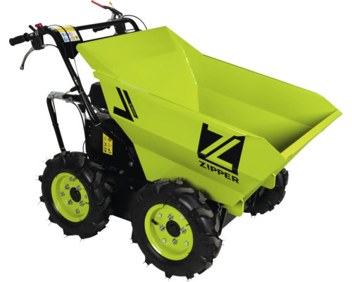 Minidumper Zipper ZI-RD300 s pohonom všetkých kolies, štyrmi terénnymi pneumatikami a veľkou kovovou vyklápacou korbou.