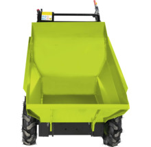 Motorový minidumper s veľkou kovovou korbou a terénnymi pneumatikami pre neschodný terén.