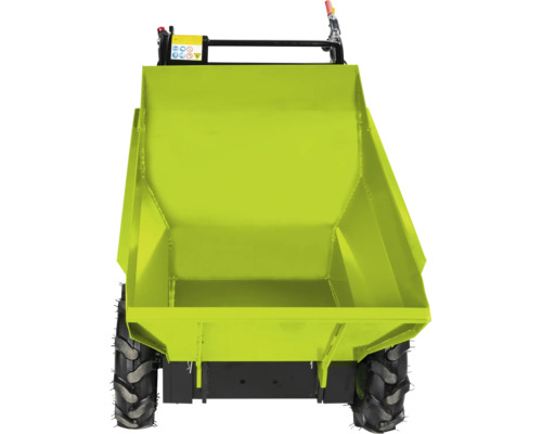 Motorový minidumper s veľkou kovovou korbou a terénnymi pneumatikami pre neschodný terén.