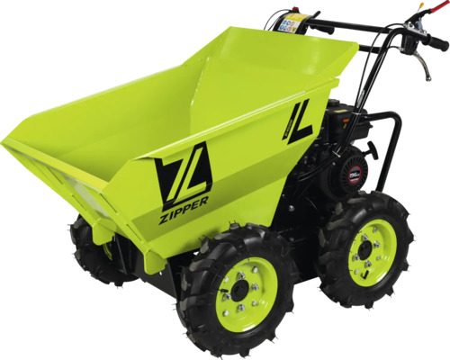 Motorový minidumper Zipper s benzínovým motorom, pohonom všetkých kolies a vyklápacou korbou na prepravu materiálov na stavbách.