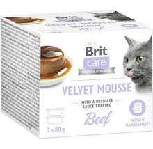 Brit Care Logo na obale krmiva pre mačky Velvet Mousse hovädzie s omáčkou, 2 krát 80 gramov, so symbolom na kontrolu hmotnosti.