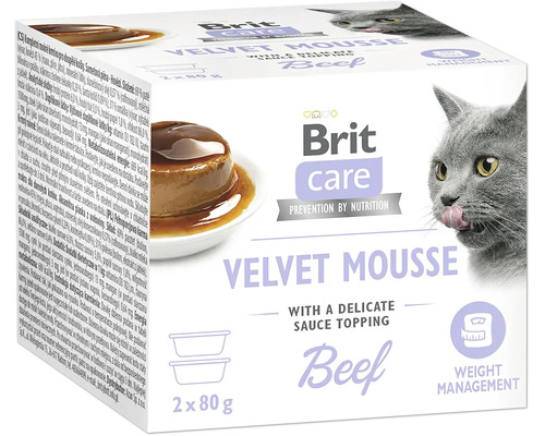 Brit Care Logo na obale krmiva pre mačky Velvet Mousse hovädzie s omáčkou, 2 krát 80 gramov, so symbolom na kontrolu hmotnosti.