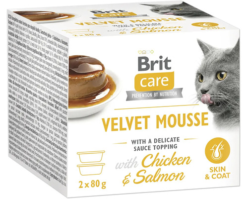 Brit care Velvet Mousse krmivo pre mačky s kuracím mäsom a lososom, 2 krát 80 gramov.