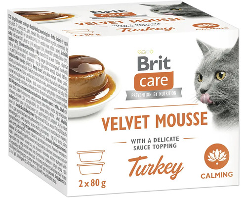Brit Care krmivo pre mačky Velvet Mousse morčacie, balenie 2 krát 80 gramov s omáčkou, upokojujúci účinek.