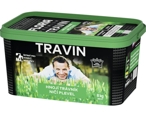 Trávnikové hnojivo Floria Travin s účinkom proti burinám, 8 kilogramov na 266 metrov štvorcových, šetrné k domácim zvieratám, plastové vedro.