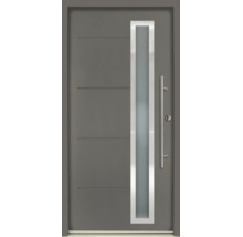 Moderné vchodové dvere v tmavosivej farbe s vertikálnym presklením, nerezovým rámom, horizontálnymi drážkami a nerezovým madlom.