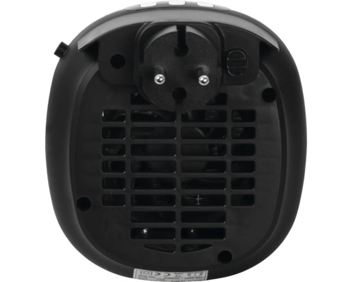 Zadný pohľad na čierny kompaktný teplovzdušný ventilátor do zásuvky s integrovanou zástrčkou a ventilačnou mriežkou.