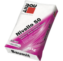 Samonivelačná cementová stierka Baumit Nivello 50 pre hrúbku vrstvy 2 až 50 milimetrov, 25 kilogramové balenie.