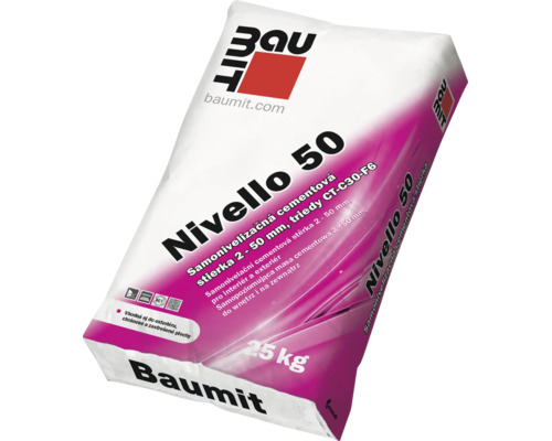 Samonivelačná cementová stierka Baumit Nivello 50 pre hrúbku vrstvy 2 až 50 milimetrov, 25 kilogramové balenie.
