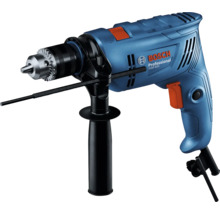 Modrá príklepová vŕtačka Bosch Professional GSB 600 s prídavnou rukoväťou, hĺbkovým dorazom a skľučovadlom s ozubeným vencom.