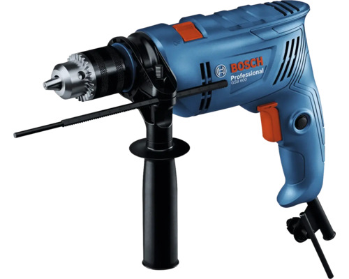 Modrá príklepová vŕtačka Bosch Professional GSB 600 s prídavnou rukoväťou, hĺbkovým dorazom a skľučovadlom s ozubeným vencom.