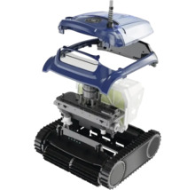 Rozložený pohled na bazénový robot zobrazujúci časti krytu a vnútorné komponenty.