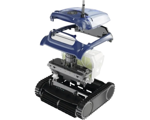 Rozložený pohled na bazénový robot zobrazujúci časti krytu a vnútorné komponenty.