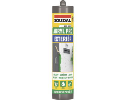 Soudal Akryl Pro Exteriér, biely akrylátový tmel na vonkajšie použitie, na fasády, omietky a murivo, odolný vlhkosti a pretierateľný.